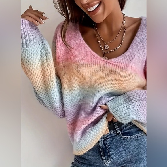 NEW-Rainbow V Neck Pullover Sweater - Picture 2 of 4